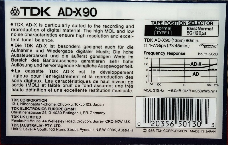Compact Cassette TDK AD-X 90 Type I Normal 1986 Australia, Europe