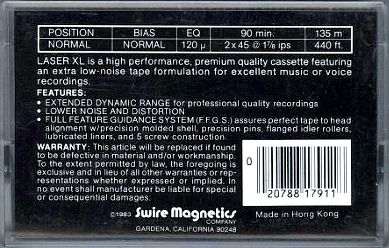Compact Cassette Laser XL 90 Type I Normal 1983 USA