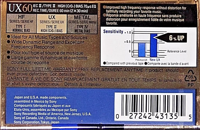 Compact Cassette Sony UX 60 Type II Chrome 1993 North America