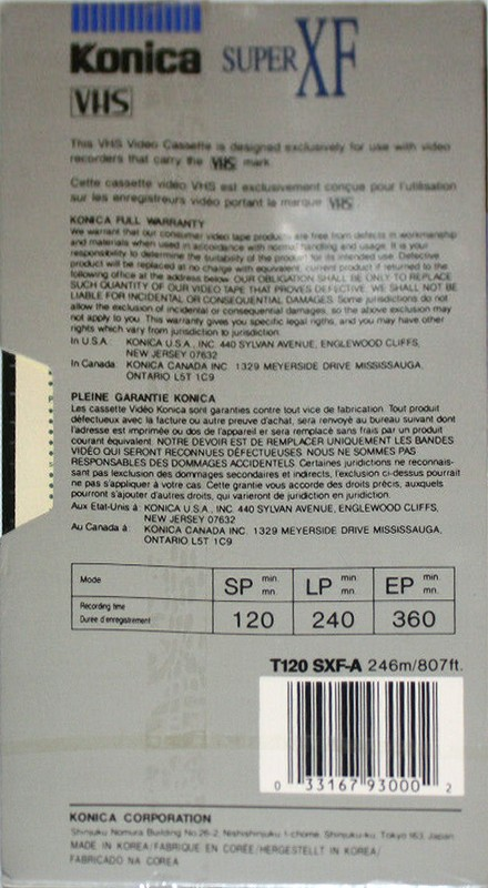 VHS, Video Home System Konica Super XF 120 "T120 SXF-A" Type I Normal 1990 North America