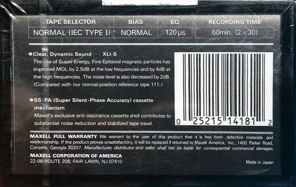 Compact Cassette Maxell XLI-S 60 Type I Normal 1988 USA