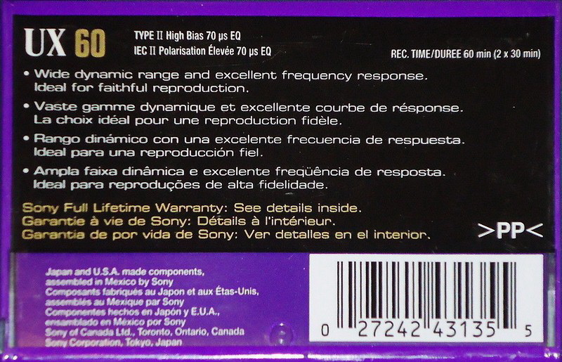 Compact Cassette Sony UX 60 Type II Chrome North America