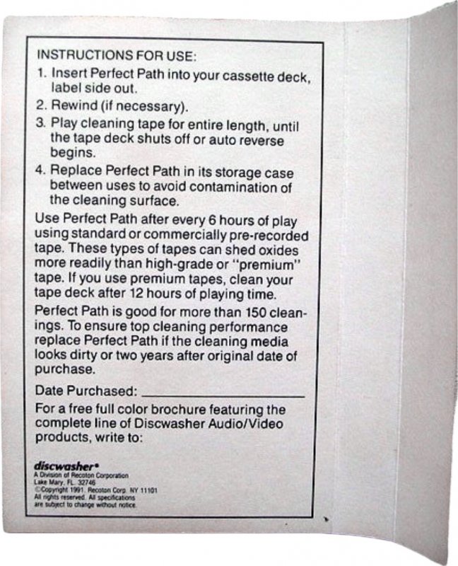 Compact Cassette Discwasher Perfect Path Cleaning Cassette 1991 USA