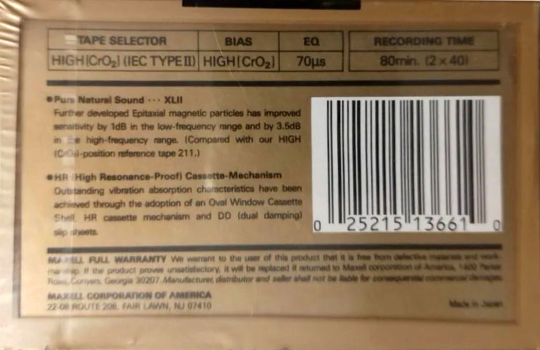 Compact Cassette Maxell XLII 80 Type II Chrome 1988 USA