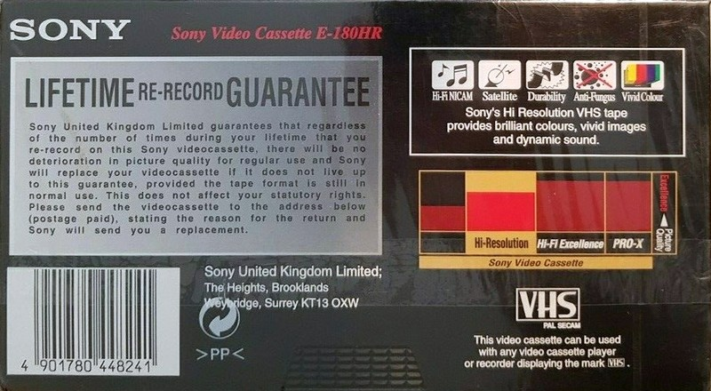 VHS, Video Home System Sony Hi Resolution 180 Type I Normal 1996 UK