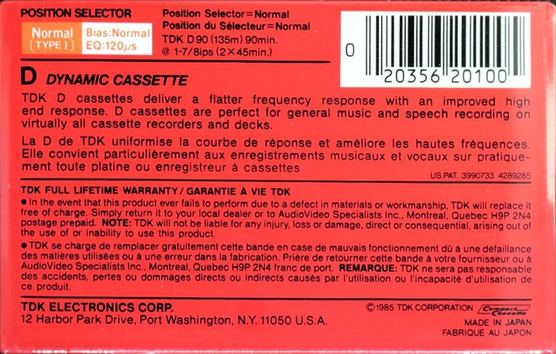 Compact Cassette TDK D 90 Type I Normal 1985 North America
