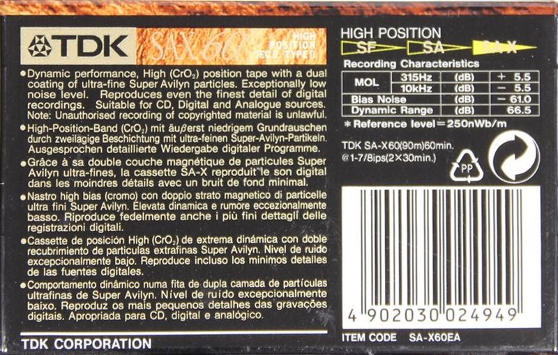 Compact Cassette TDK SA-X 60 "SA-X60EA" Type II Chrome 1995 Europe