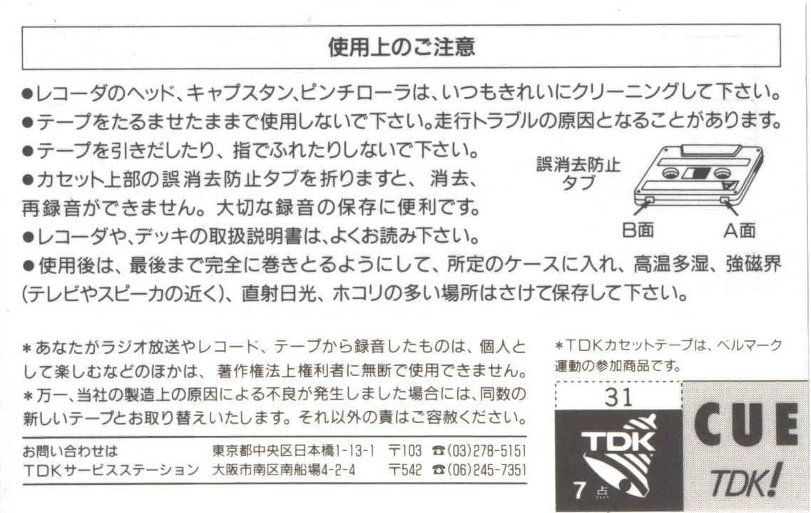 Compact Cassette TDK CUE 46 "CUE-46BK" Type II Chrome 1989 Japan