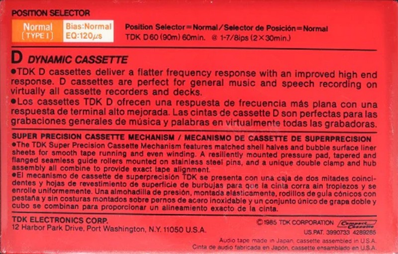 Compact Cassette TDK D 60 Type I Normal 1985 North America