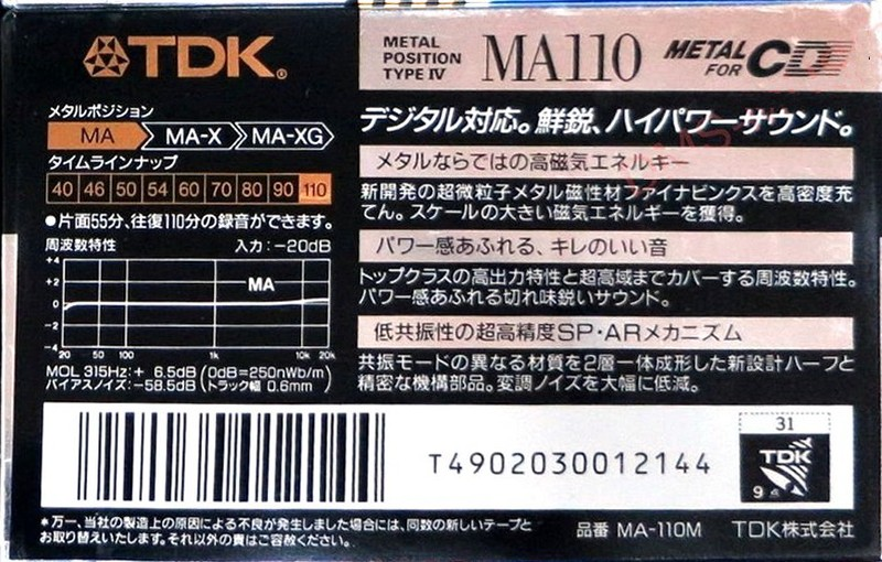 Compact Cassette TDK MA 110 "MA-110M" Type IV Metal 1990 Japan