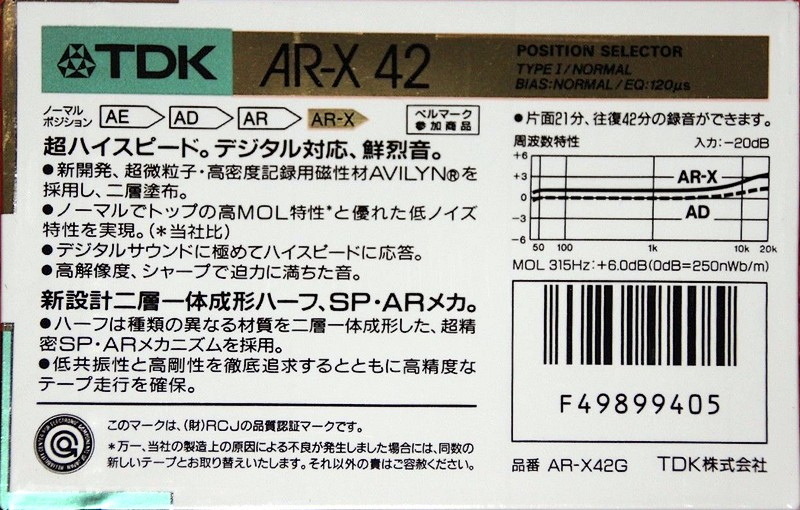 Compact Cassette TDK AR-X 42 "AR-X42G" Type I Normal 1987 Japan