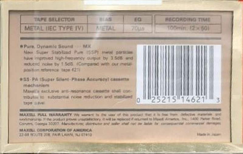Compact Cassette Maxell MX 100 Type IV Metal 1988 USA