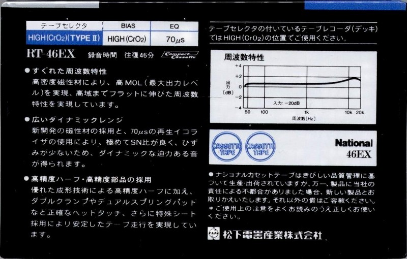Compact Cassette National EX 46 "RT-46EX" Type II Chrome 1982 Japan