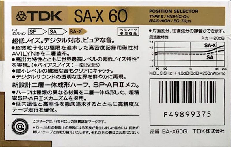 Compact Cassette TDK SA-X 60 "SA-X60G" Type II Chrome 1988 Japan