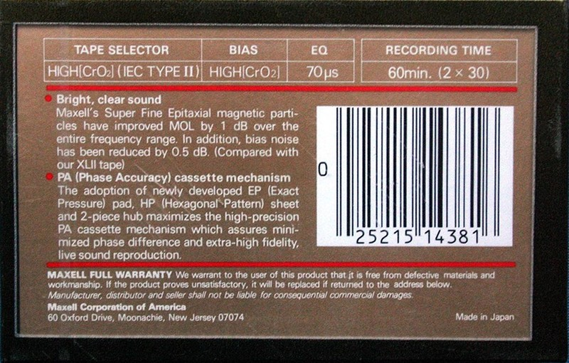 Compact Cassette Maxell XLII-S 60 Type II Chrome 1985 USA