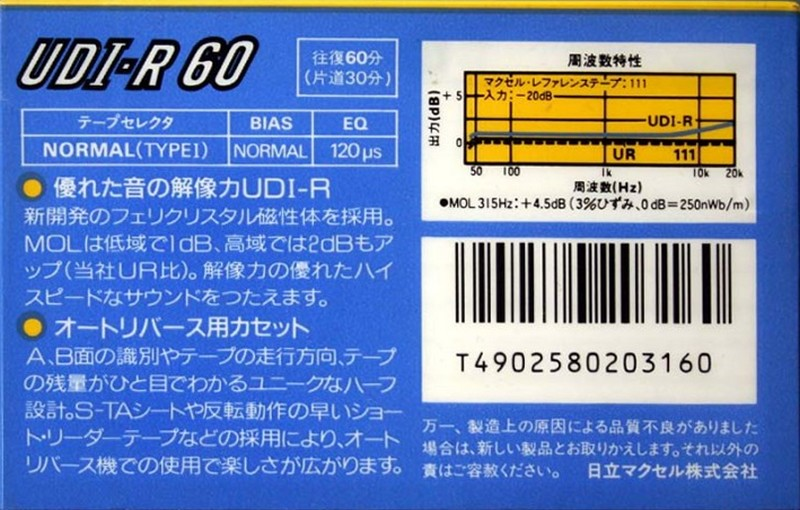 Compact Cassette Maxell UDI-R 60 Type I Normal 1985 Japan
